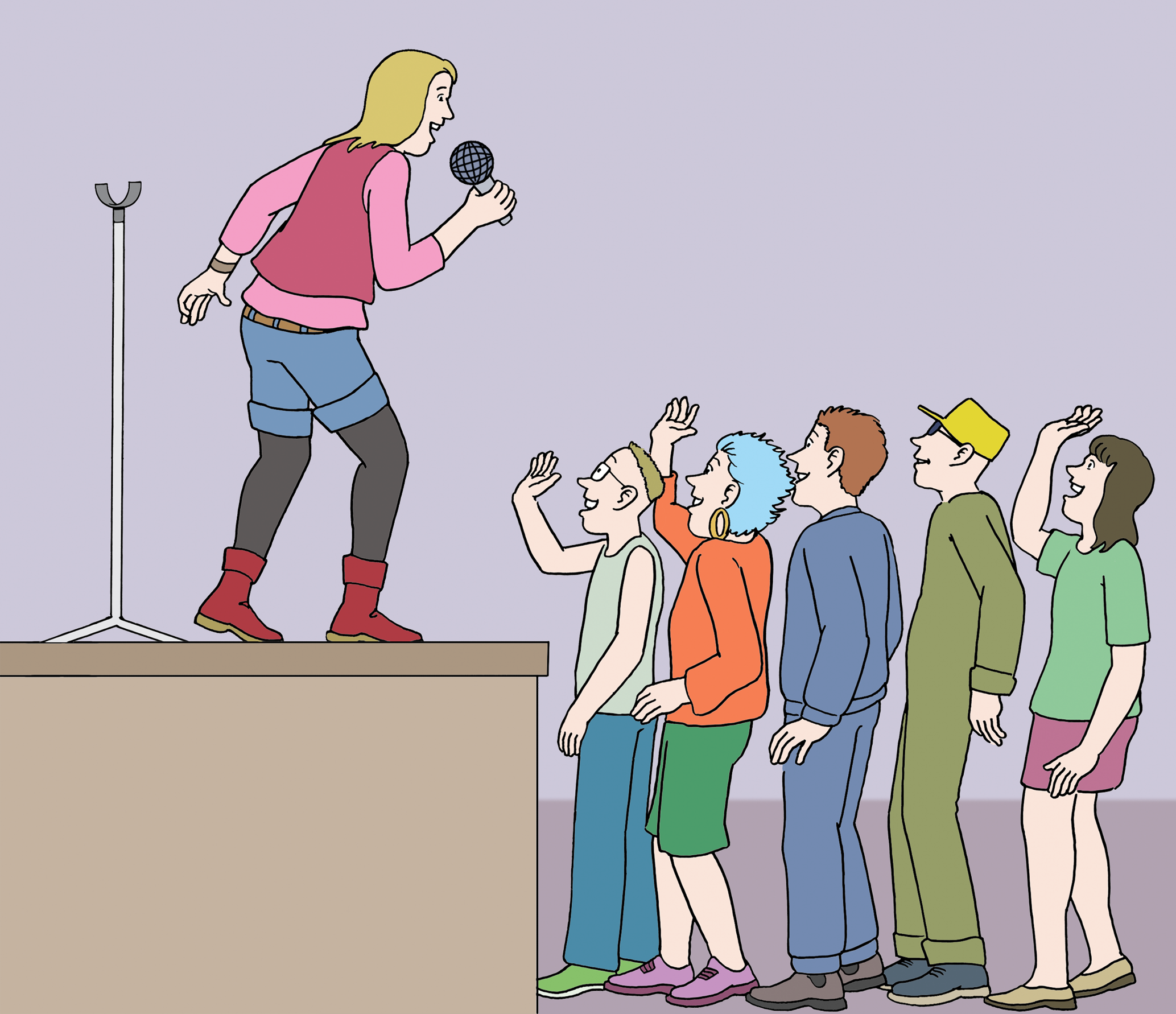 Bildbeschreibung: Ein Person steht auf einer Bühne und singt. Vor der Bühne stehen Leute die zuhören, mitsingen und winken.