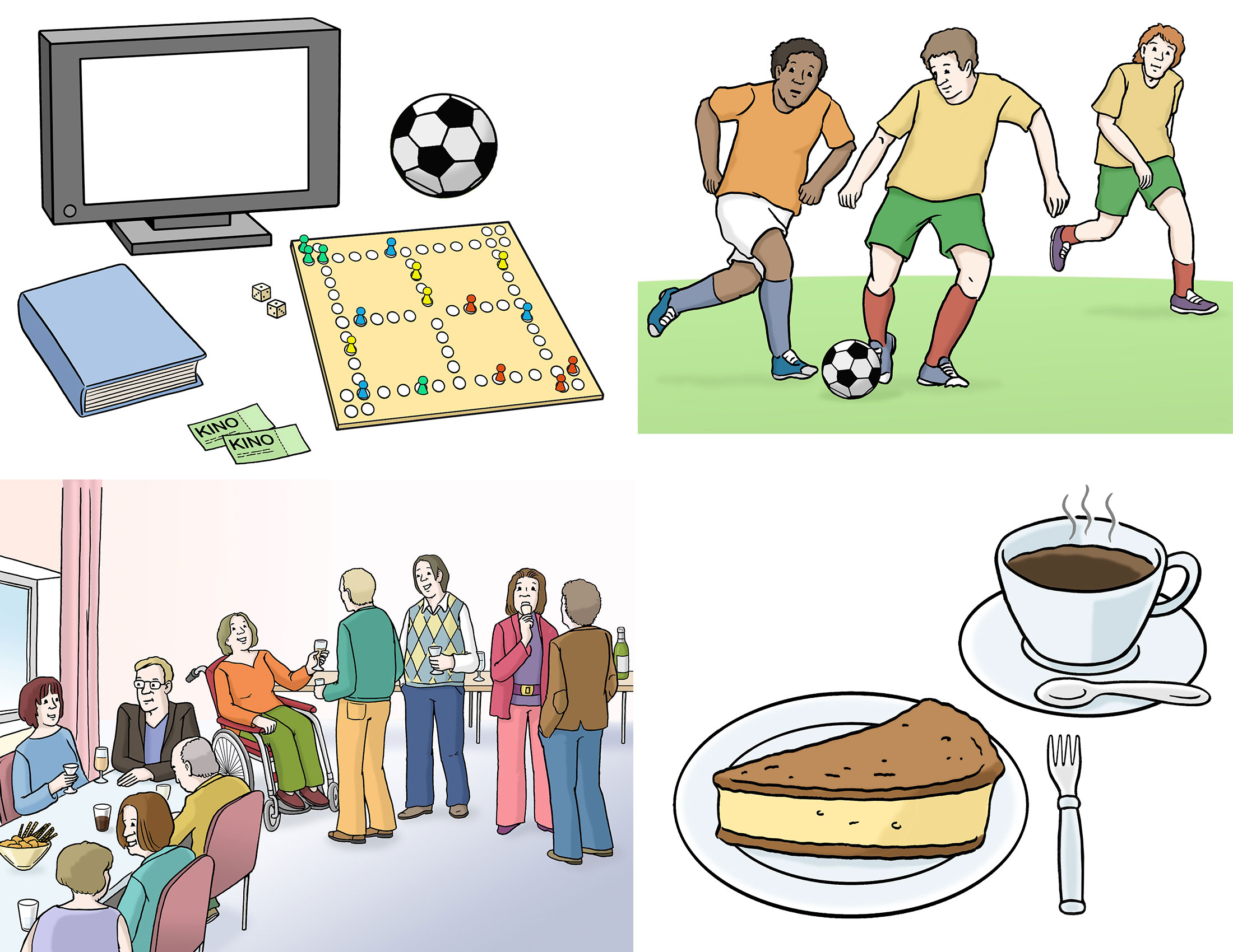 Bildbeschreibung: Es werden Beispiele für das gezeigt, was im NiL angeboten wird. Wie zum Beispiel ein Café, Sportangebote wie Fußball, Partys oder Spieleabende.