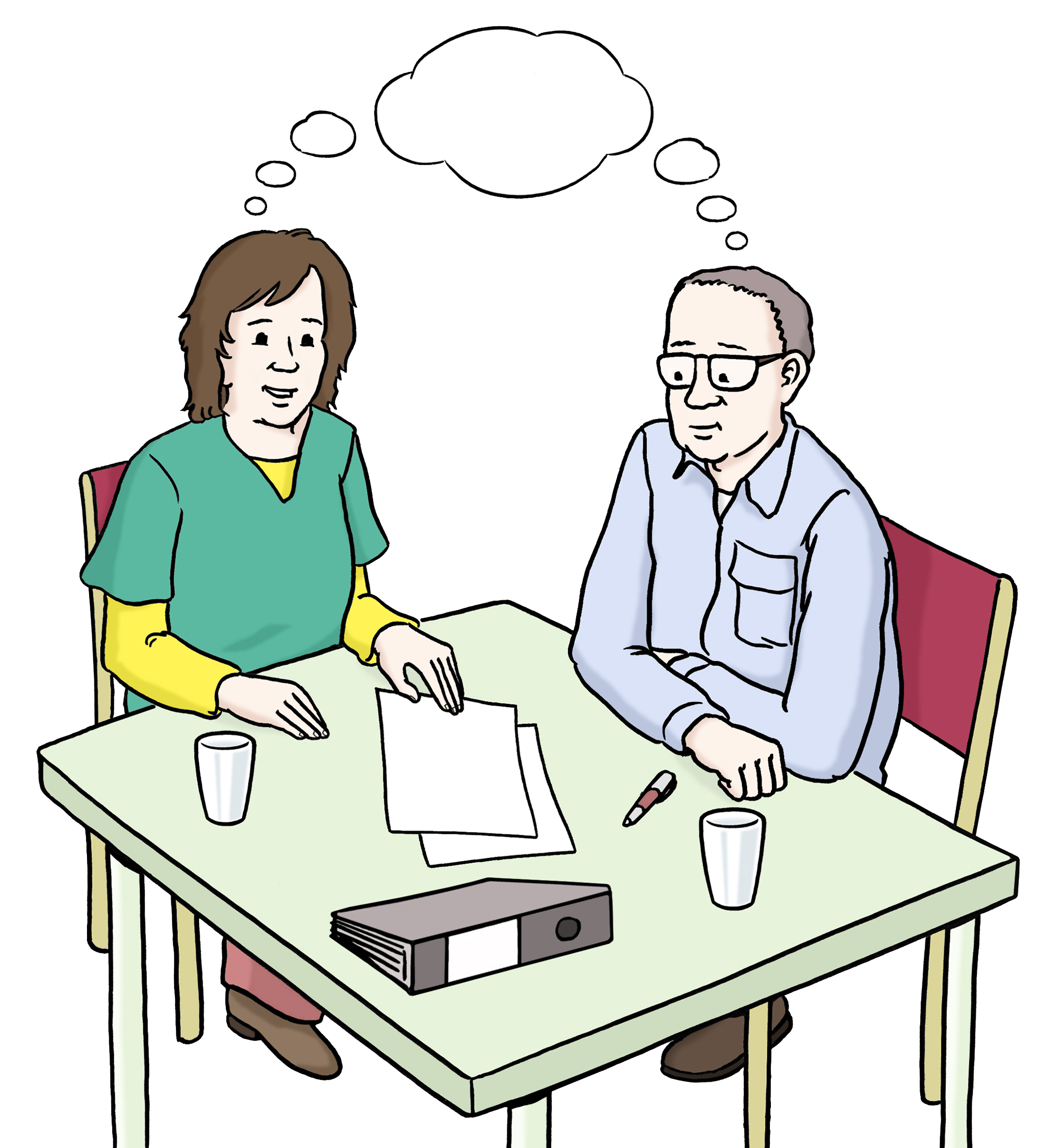 Bildbeschreibung: Zwei Personen sitzen an einem Tisch und denken nach. Auf dem Tisch ist Notizpapier, ein Stift und ein Ordner.