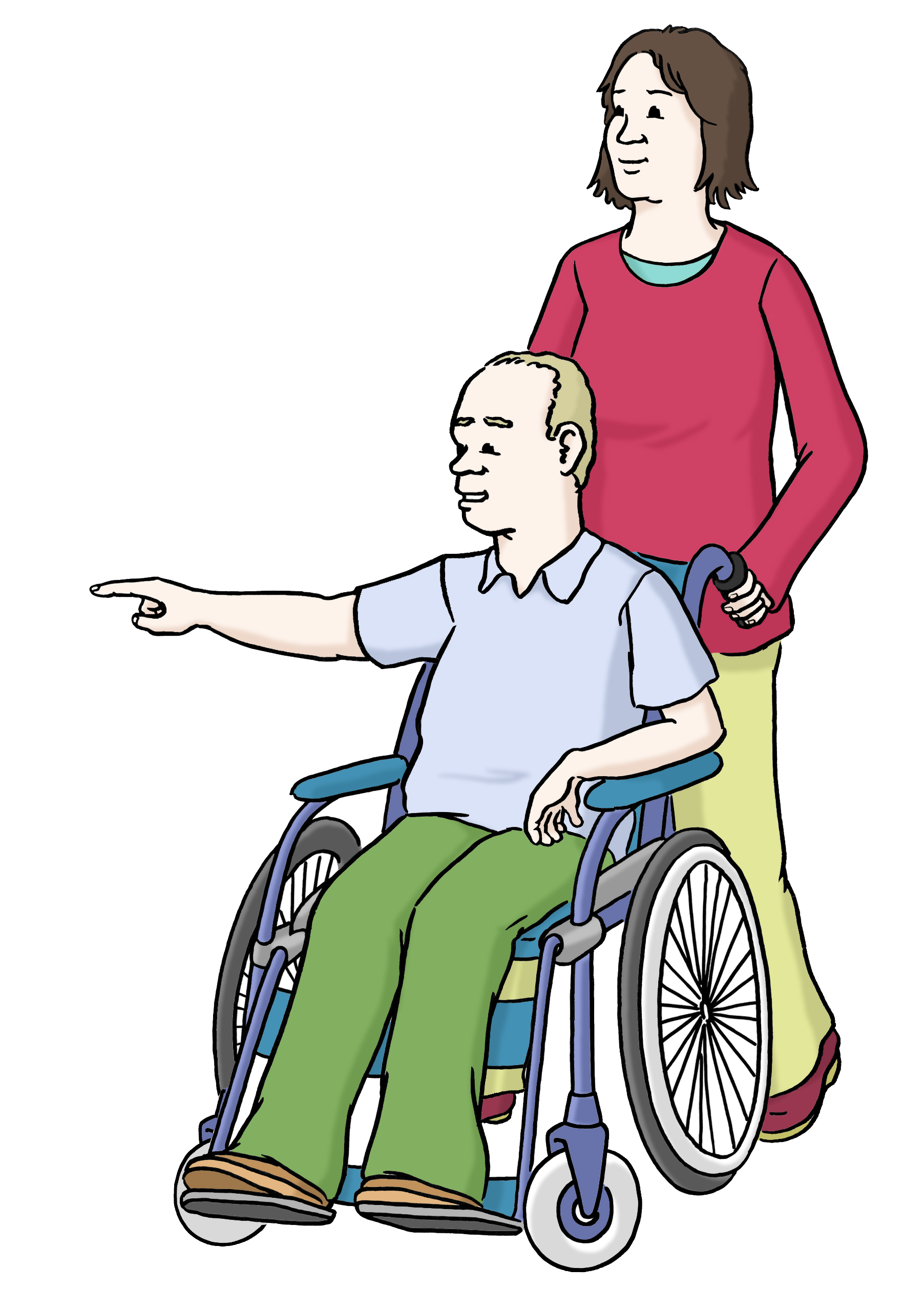Bildbeschreibung: Eine Frau schiebt einen Mann im Rollstuhl. Der Mann zeigt ihr, wohin er geschoben werden möchte.