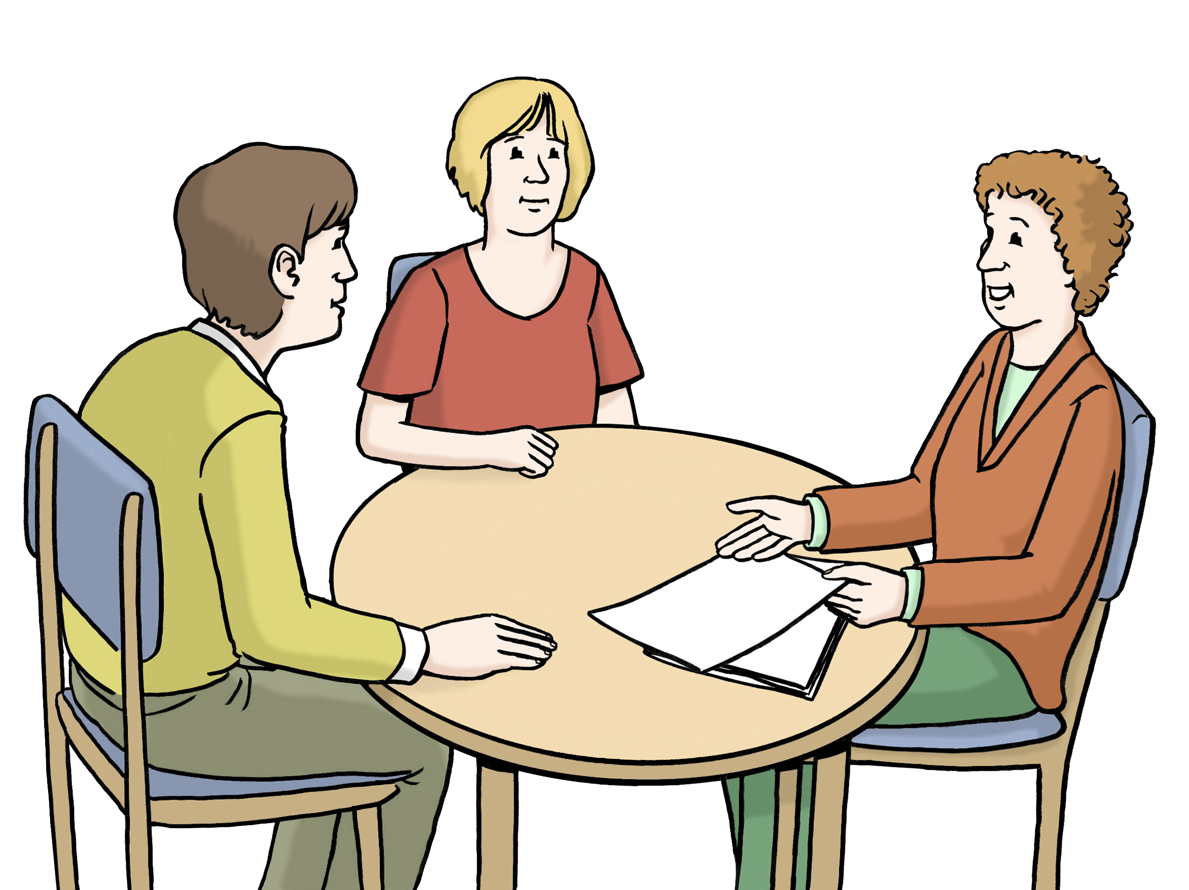 Bildbeschreibung: An einem runden Tisch sitzen drei Personen. Eine Person erklärt den anderen beiden etwas.