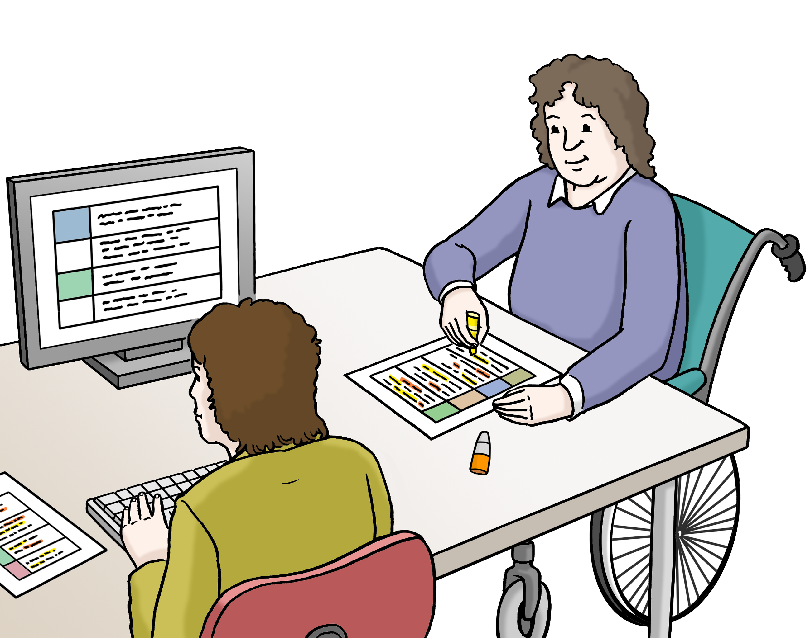 Bildbeschreibung: An einem Tisch sitzen zwei Personen. Eine tippt auf einer Tastatur, die andere liest etwas und markiert eine Zeile mit einem Textmarker.