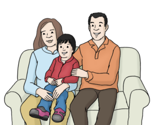 Bildbeschreibung: Eltern mit einem Kind sitzen auf einem Sofa.