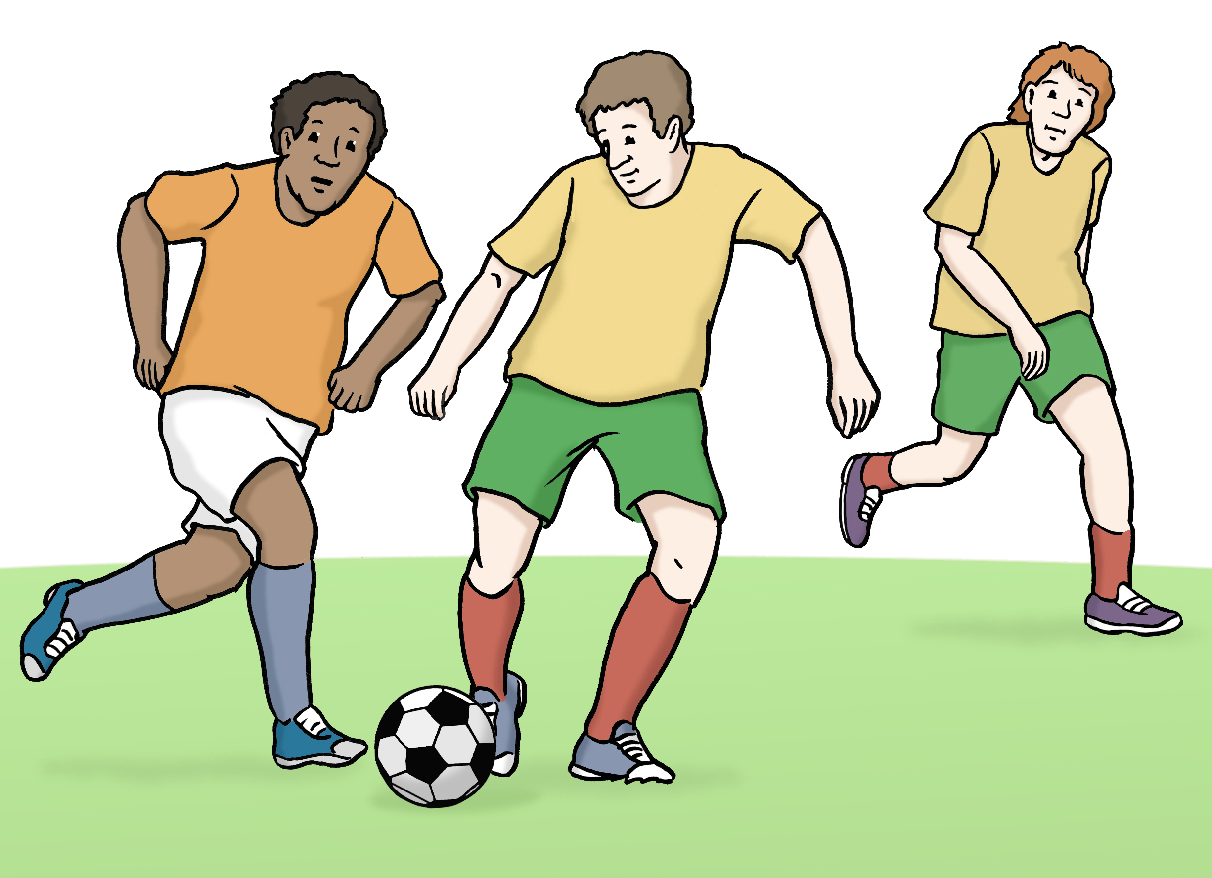 Bildbeschreibung: Drei Personen spielen Fußball.