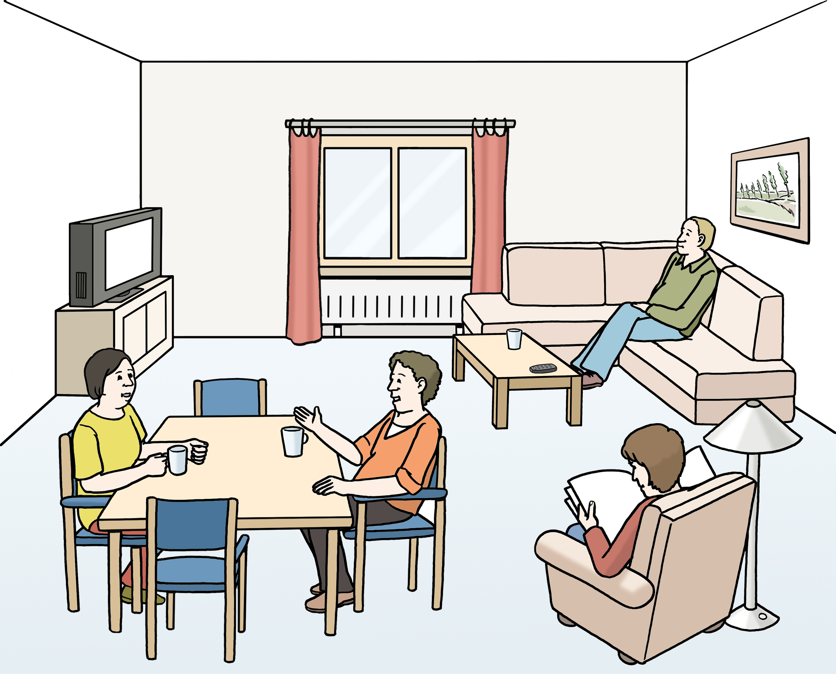 Bildbeschreibung: In einem Gemeinschaftsraum sitzen mehrere Menschen, die unterschiedliche Sachen machen. Einer guckt Fernsehen, zwei trinken Kaffee und unterhalten sich und einer liest.