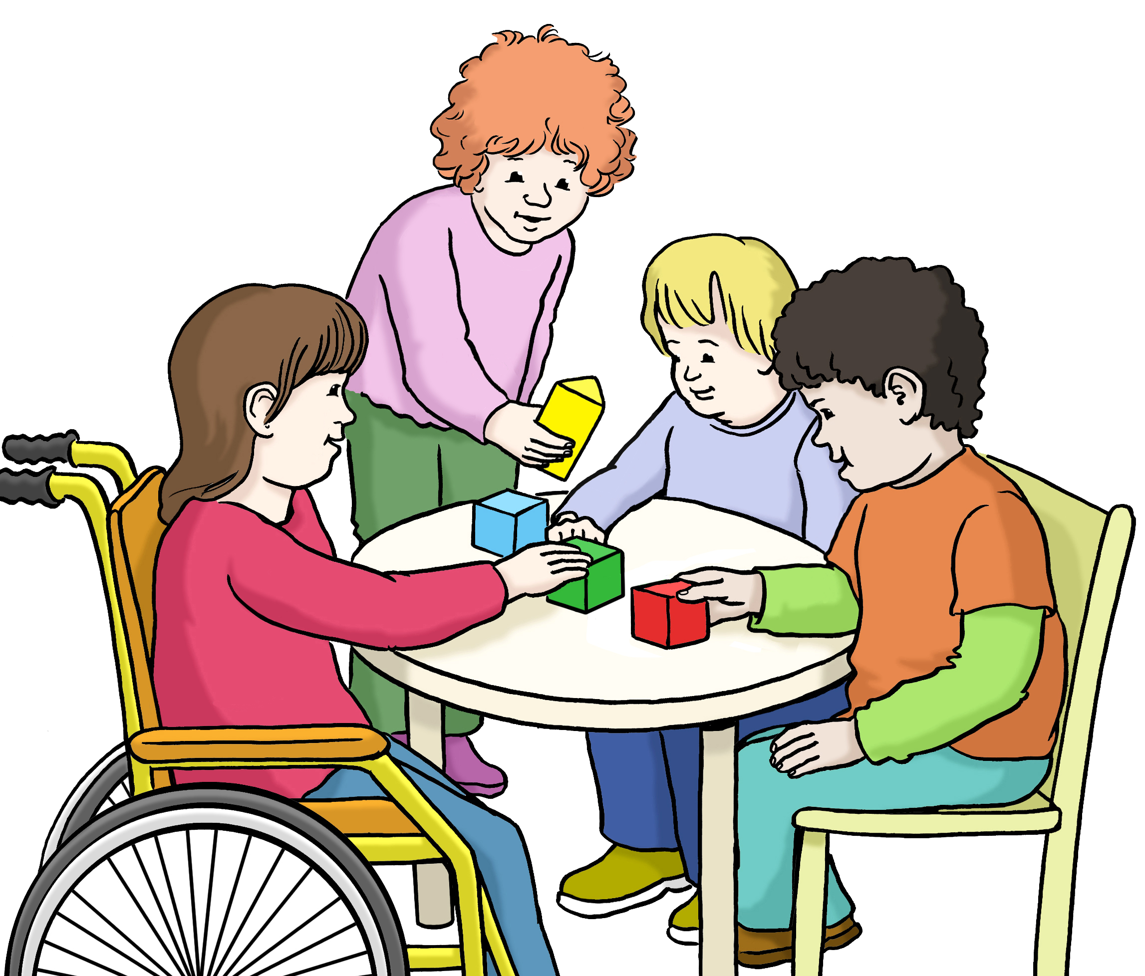 Bildbeschreibung: Drei Kinder sitzen an einem Tisch und spielen mit Bauklötzen. Ein Kind steht dabei und spielt mit.