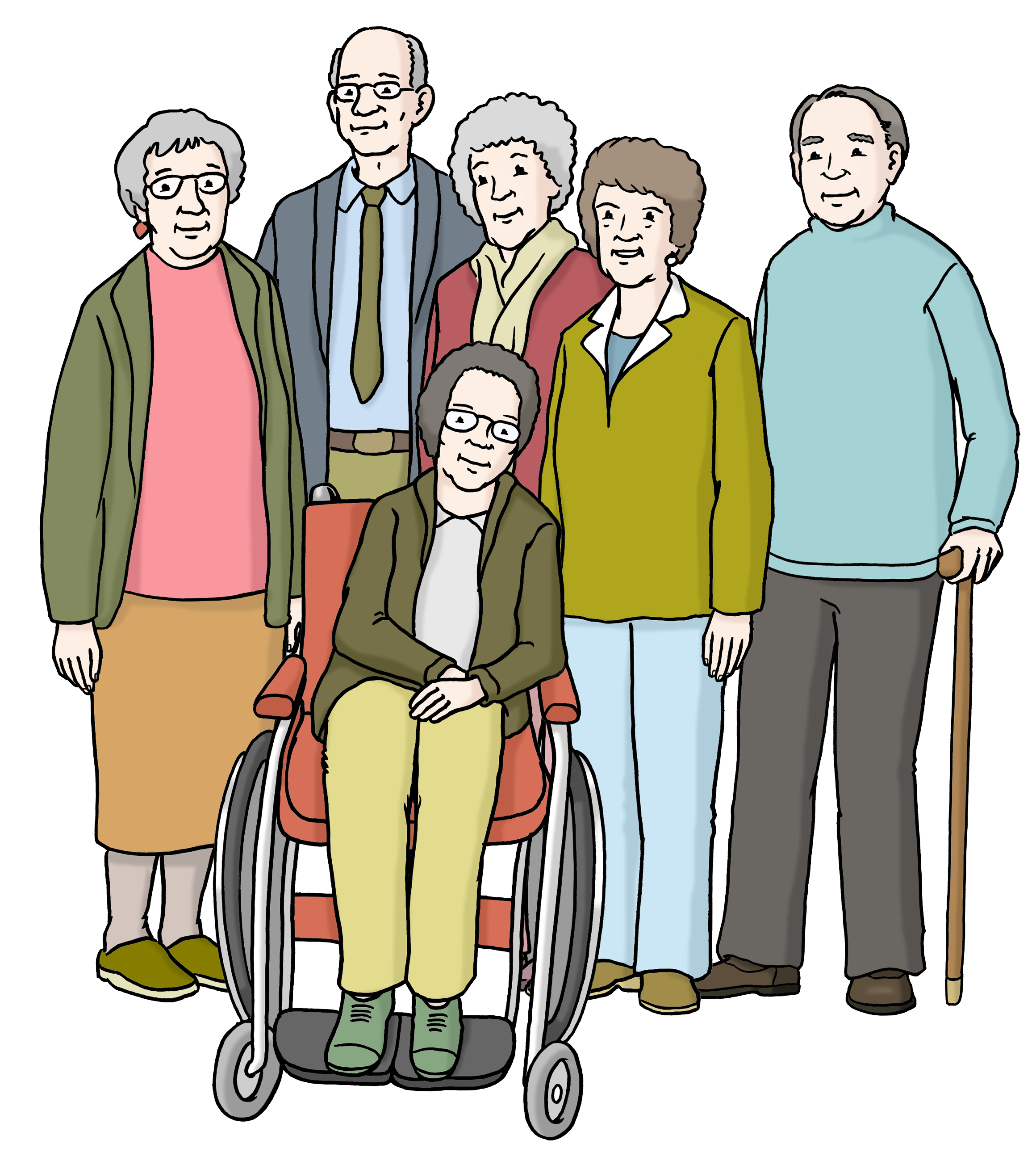 Bildbeschreibung: Eine Gruppe älterer Menschen. Eine Frau sitzt im Rollstuhl, ein Mann hat einen Stock.