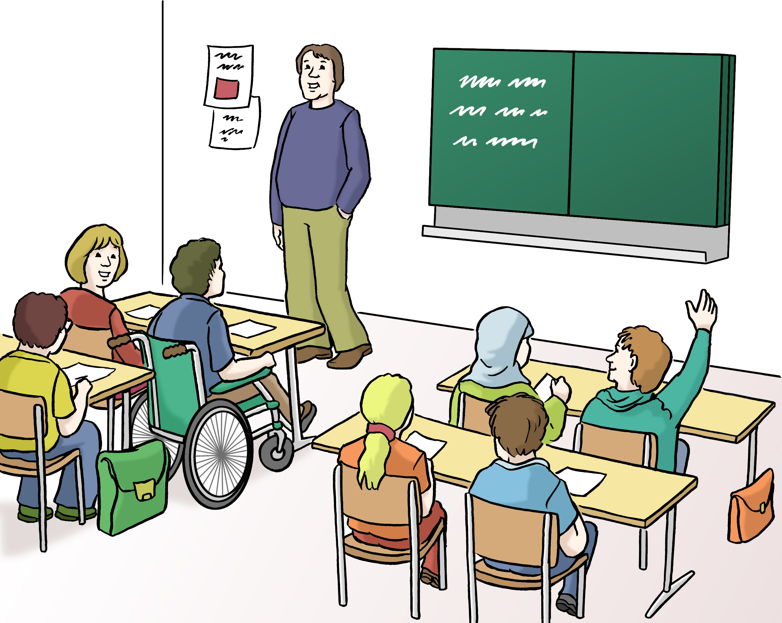 Bildbeschreibung: Ein Lehrer steht an der Tafel vor einer Klasse mit mehreren Schülern.