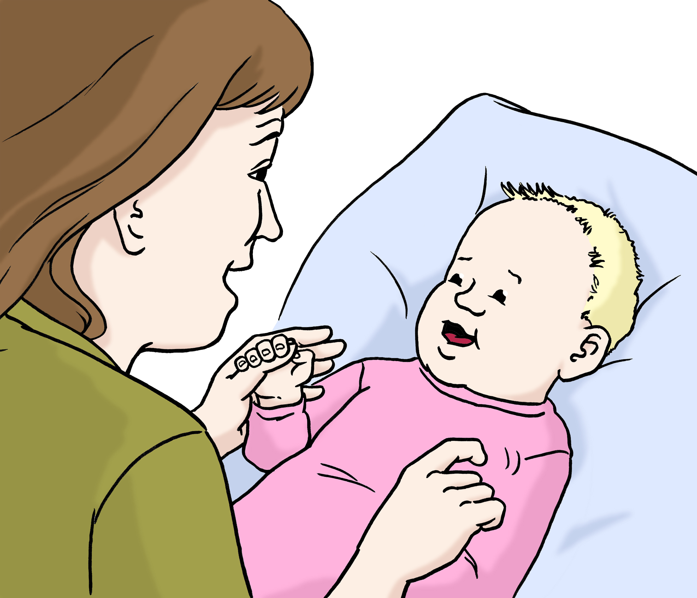 Bildbeschreibung: Eine Frau spielt mit einem Baby.