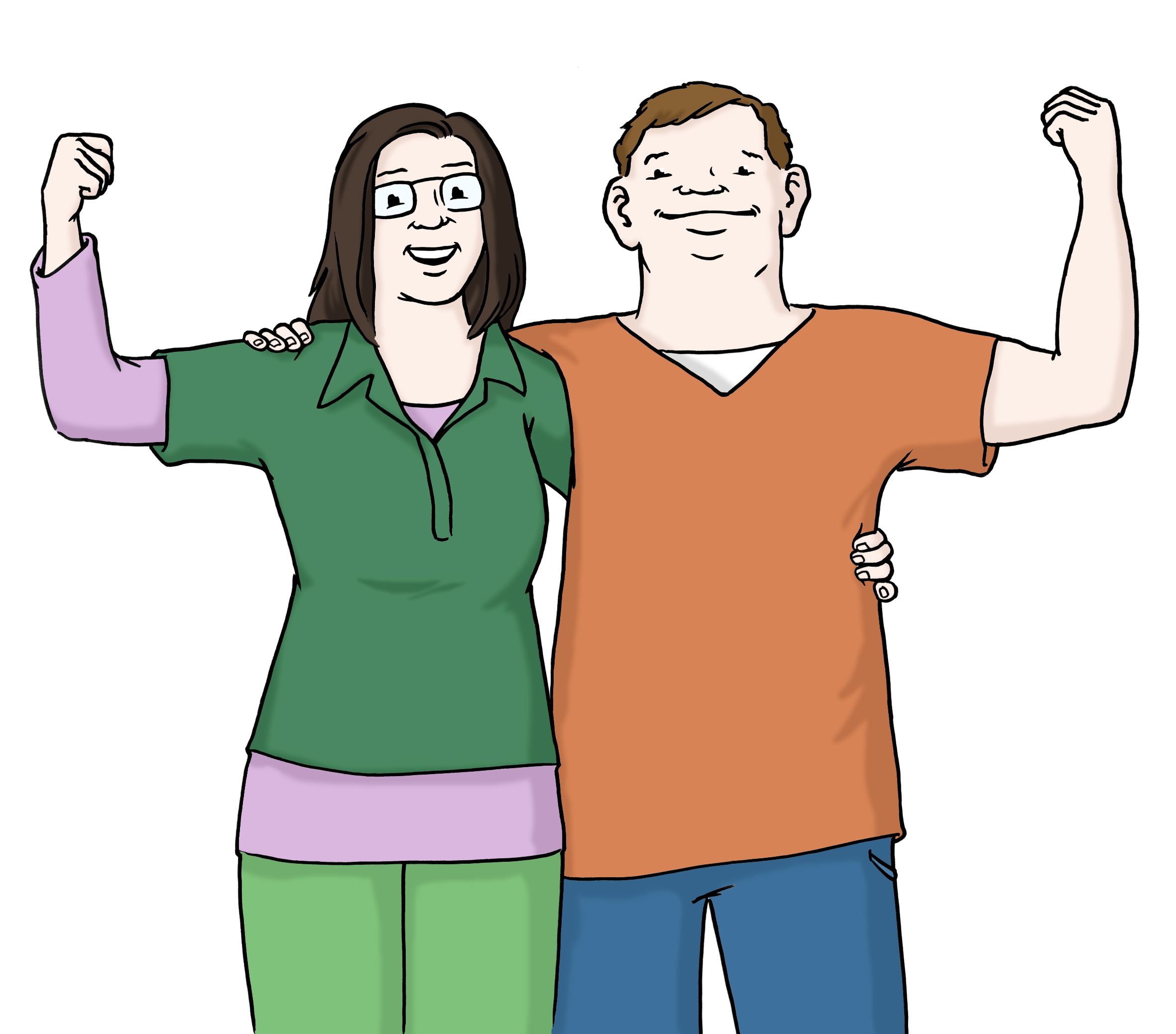 Bildbeschreibung: Zwei Menschen stehen Arm in Arm und zeigen, wie stark sie sind.