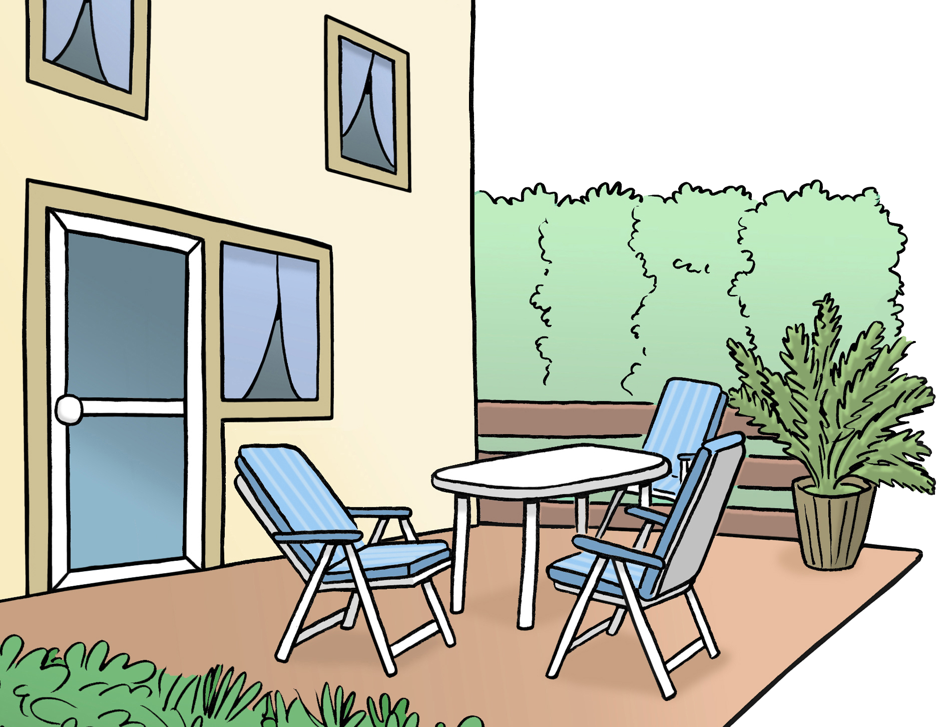Bildbeschreibung: Ein Haus mit Terasse. Auf der Terasse stehen drei Stühle, ein Tisch und eine Pflanze.