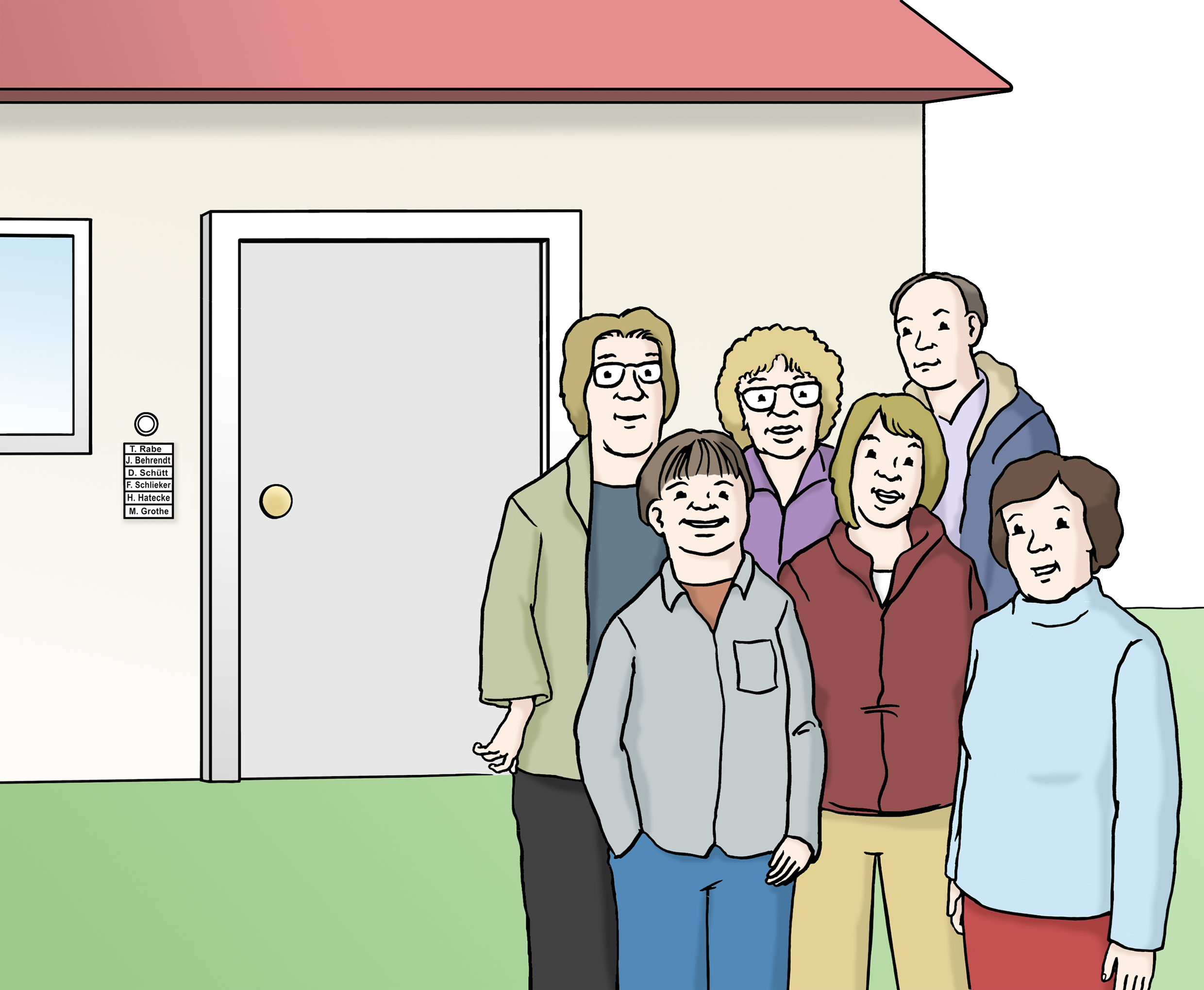 Bildbeschreibung: Eine Gruppe Erwachsener steht vor einem Haus.