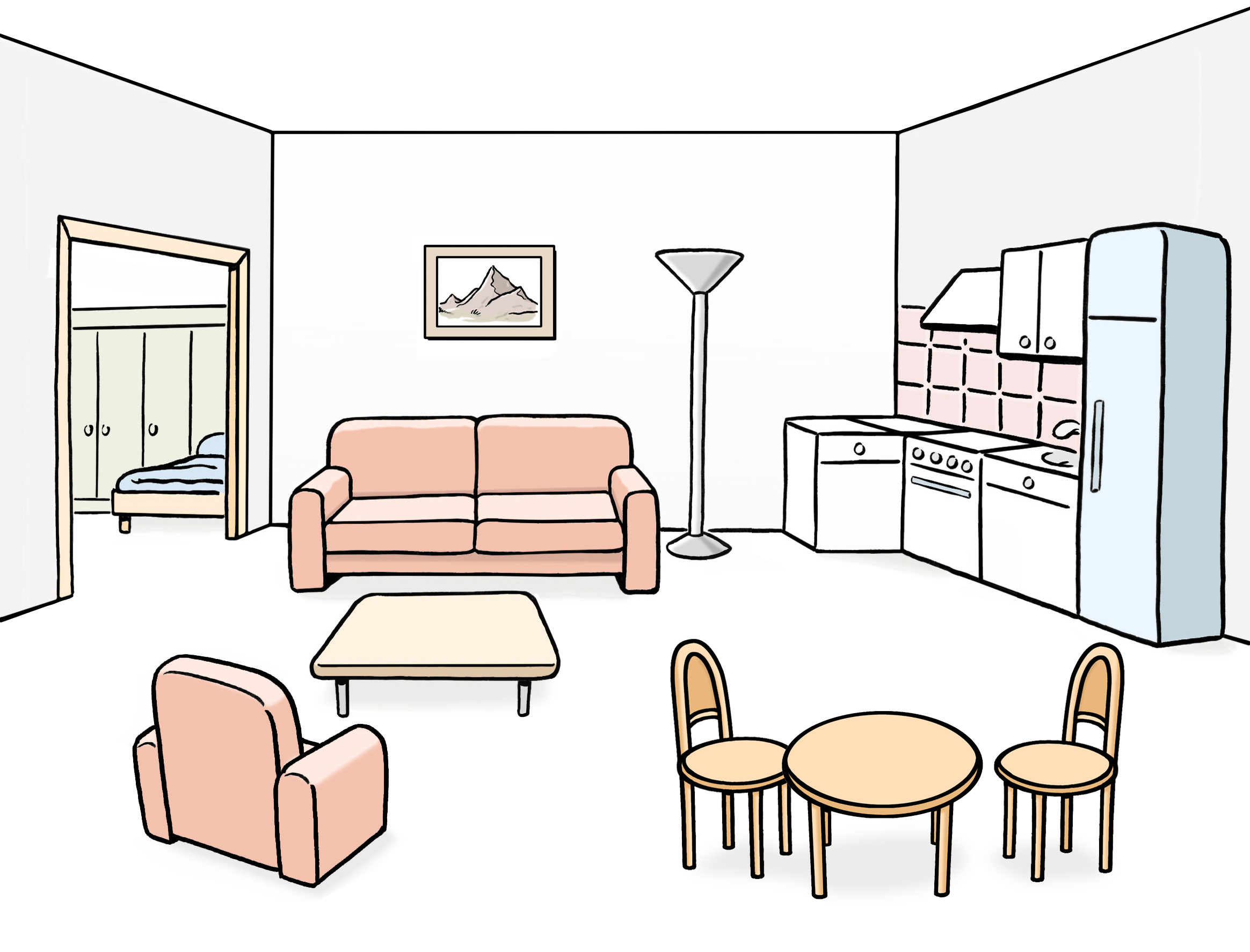 Bildbeschreibung: Man sieht ein Zimmer mit einer Küchenzeile, einem Sofa mit Couchtisch und Sessel und einen Esstisch mit zwei Stühlen. Im Hintergrund ist ein Schlafzimmer zu sehen.